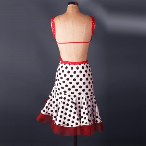 White with black polka dot red rhinestones handmade competition performance women's female latin rumba cha cha dance dresses